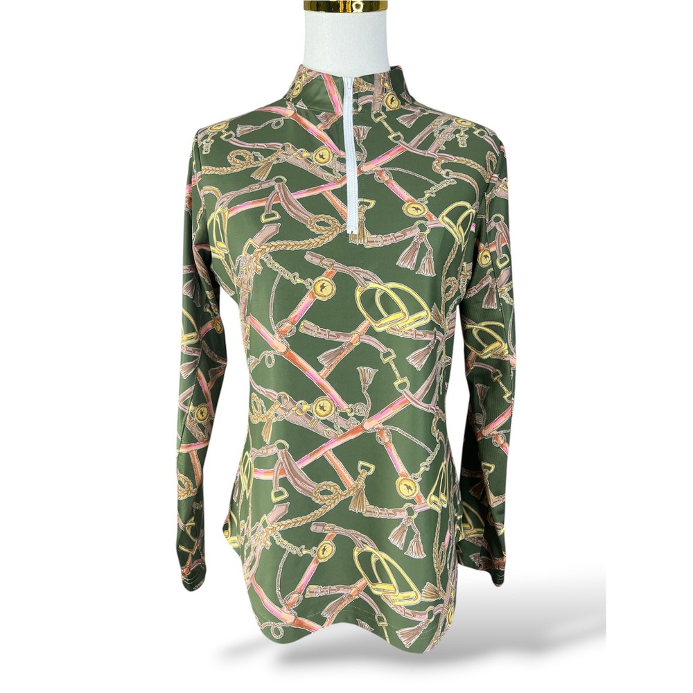 Smith & Quinn Custom Green Equestrian Print Quarter Zip Long Sleeve Top Small